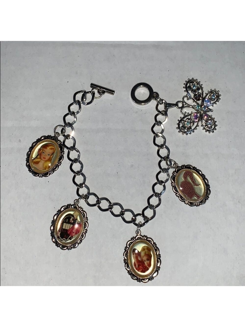 Retro Barbie Charm Bracelet Rhinestone Butterfly